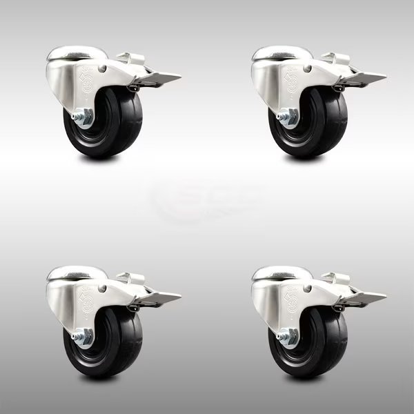 3.5 Inch 316SS Hard Rubber Wheel Swivel Bolt Hole Caster Set with Lock Brake SCC, Service Caster, Mfr#: SCC-SS316BHTTL20S3514-HRS-4